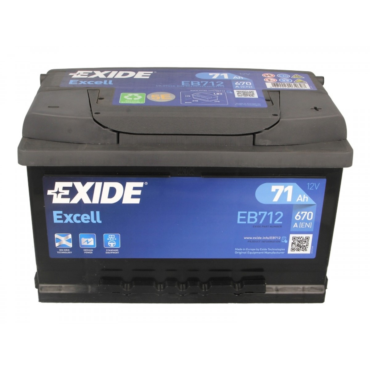 Exide Excell EB712 (71 A/h), 670A R+